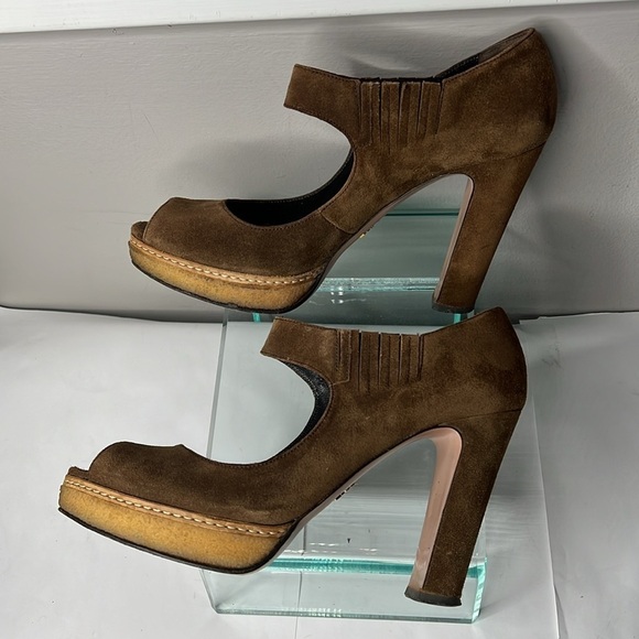 PRADA Sz 40 Brown Suede Rubber Platform Peep Toe Elastic Mary Jane 3.5” Heels - Picture 1 of 15